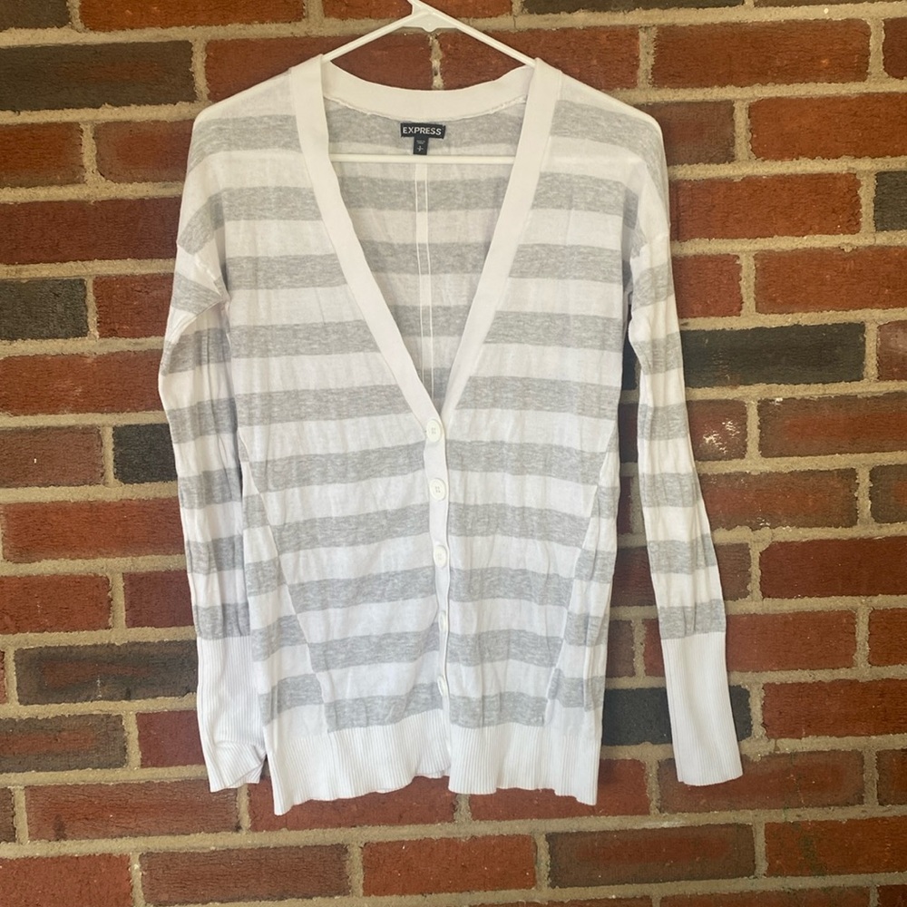 Express V neck long white and gray striped cardigan
